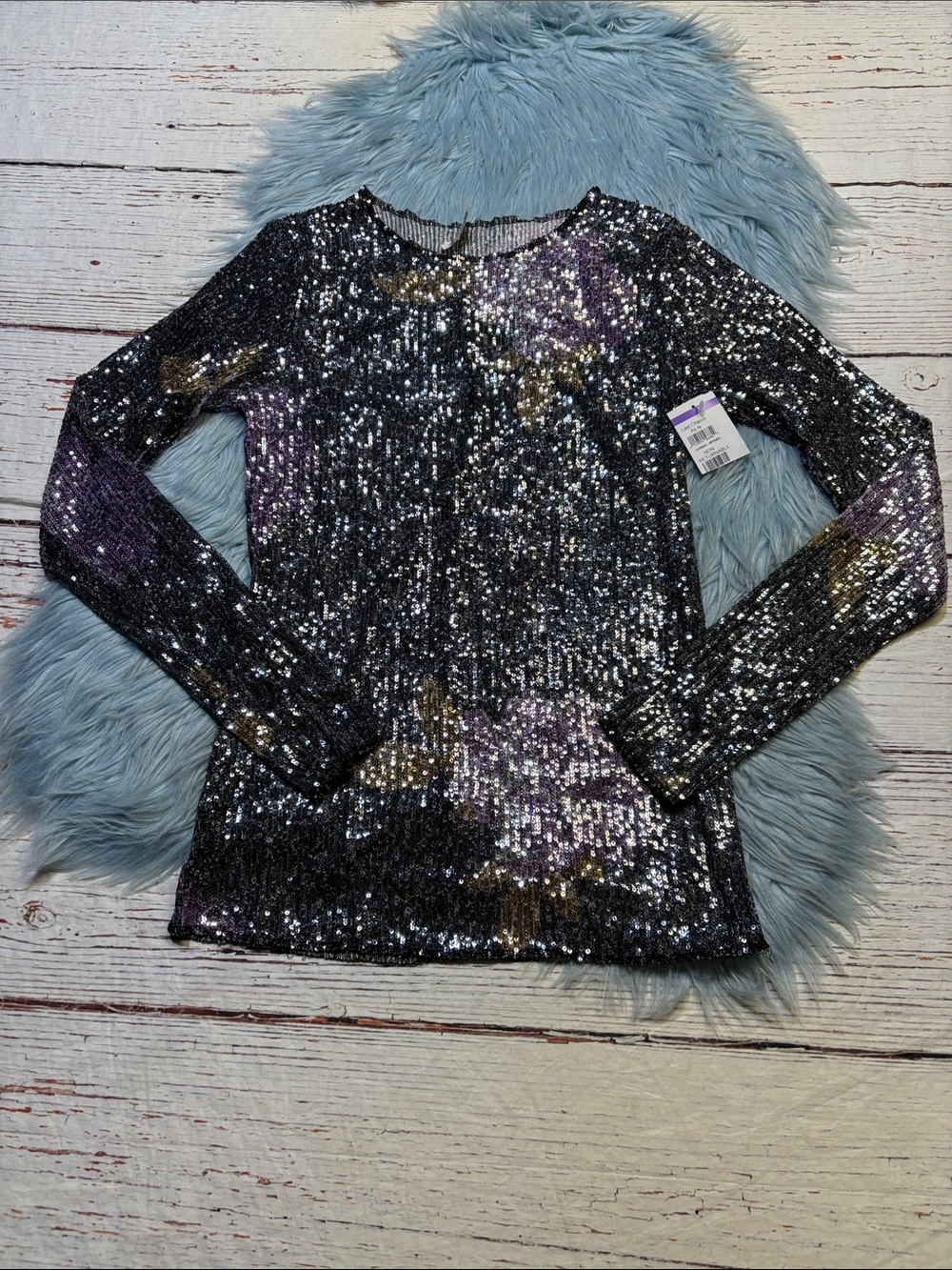 NWT Free People Gold Rush Floral Sequins Long Sleeve Top sz M
